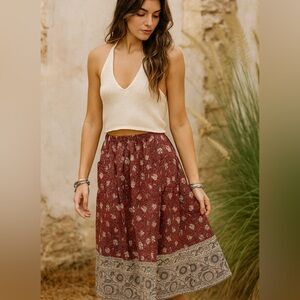 Vintage Cotton Boho Floral Midi Skirt Medium Romantic Cottagecore